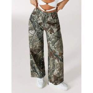 EZwear Women's Branch Pattern Pocket Wide Leg Loose Casual Denim Pants
